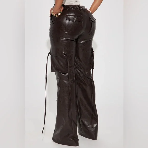 Fashion Nova Brown Leather Wide Leg Pants - Picture 3 of 6